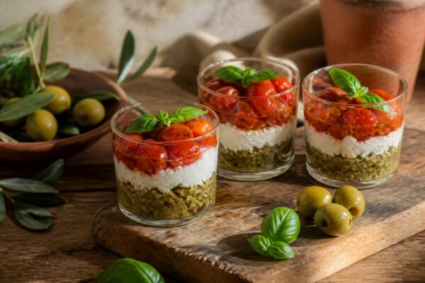 Recette entrée simple et originale : verrines tapenade verte, chèvre frais et tomates cerises rôties