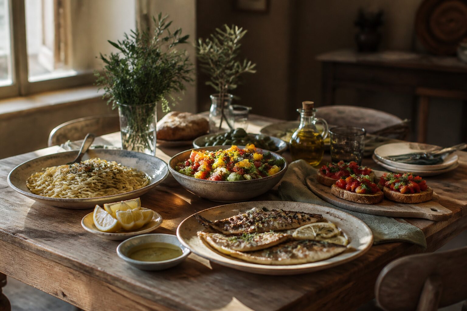 Table méditerranéenne garnie de recettes faciles et rapides du Sud, pâtes, salade, bruschetta et poisson