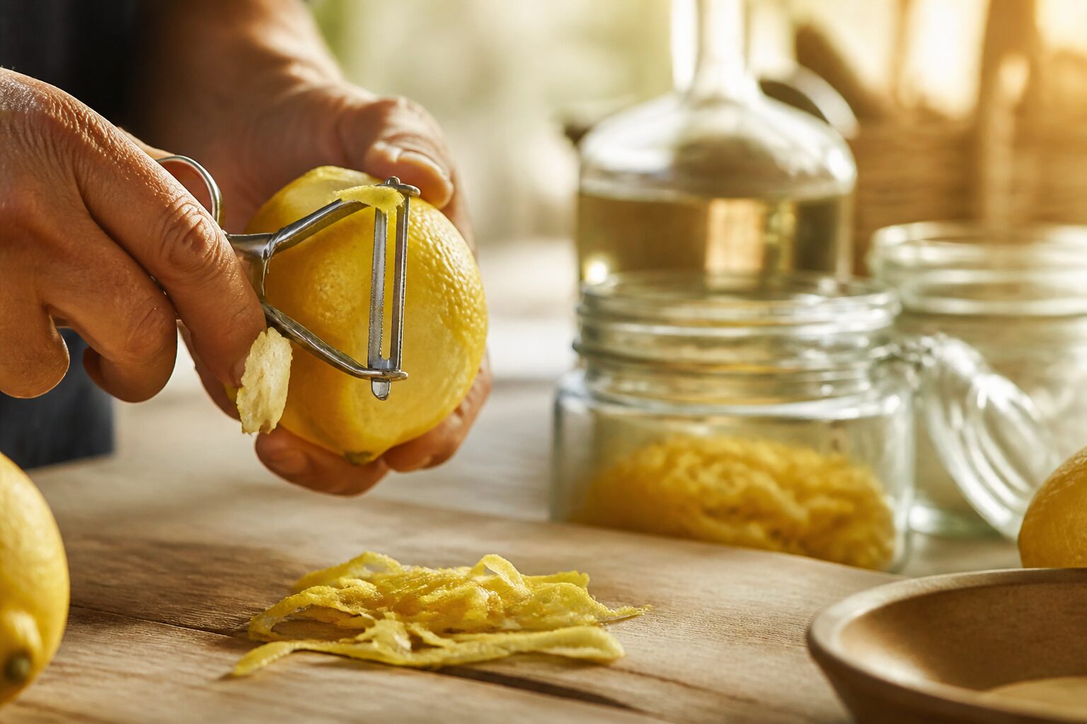 Mains prélevant des zestes de citron bio avec un épluche-légumes pour préparer un limoncello maison