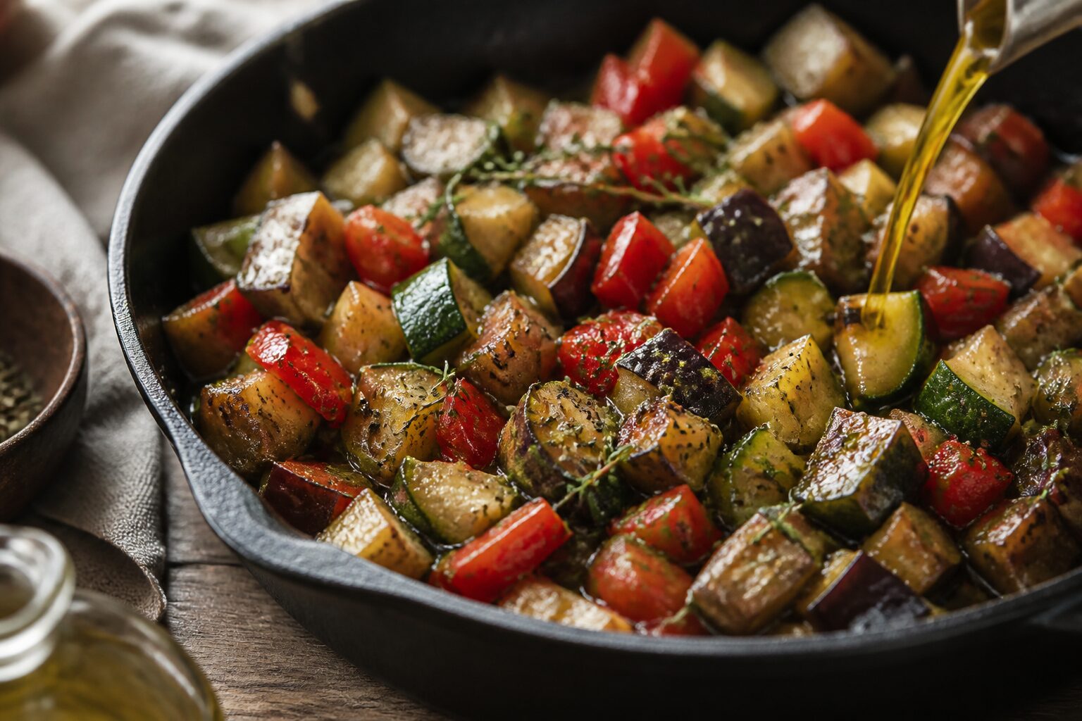 Ratatouille express dans une poêle en fonte, légumes colorés et herbes de Provence