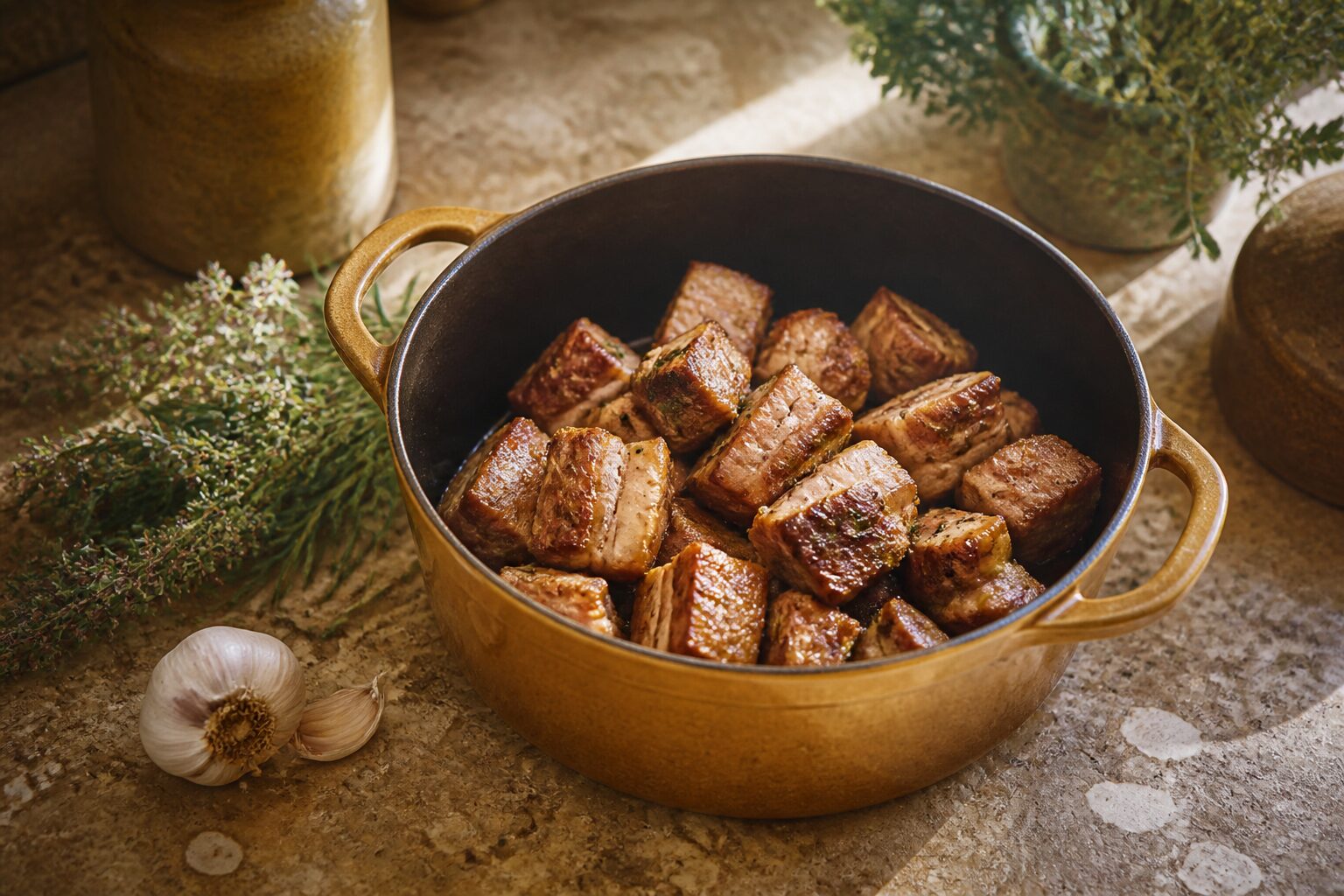 Recette rillons maison dans cocotte en fonte avec ail et herbes de Provence