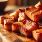 Rillons maison dorés et caramélisés sur une planche en bois rustique