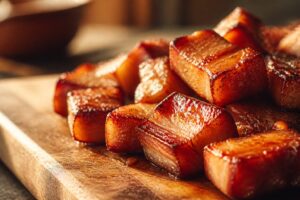 Rillons maison dorés et caramélisés sur une planche en bois rustique