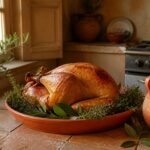 Rôti de dinde au four doré aux herbes de Provence, posé sur un plat en terre cuite