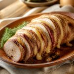 Rôti de porc Orloff tranché en éventail avec fromage fondu sur plat en terre cuite