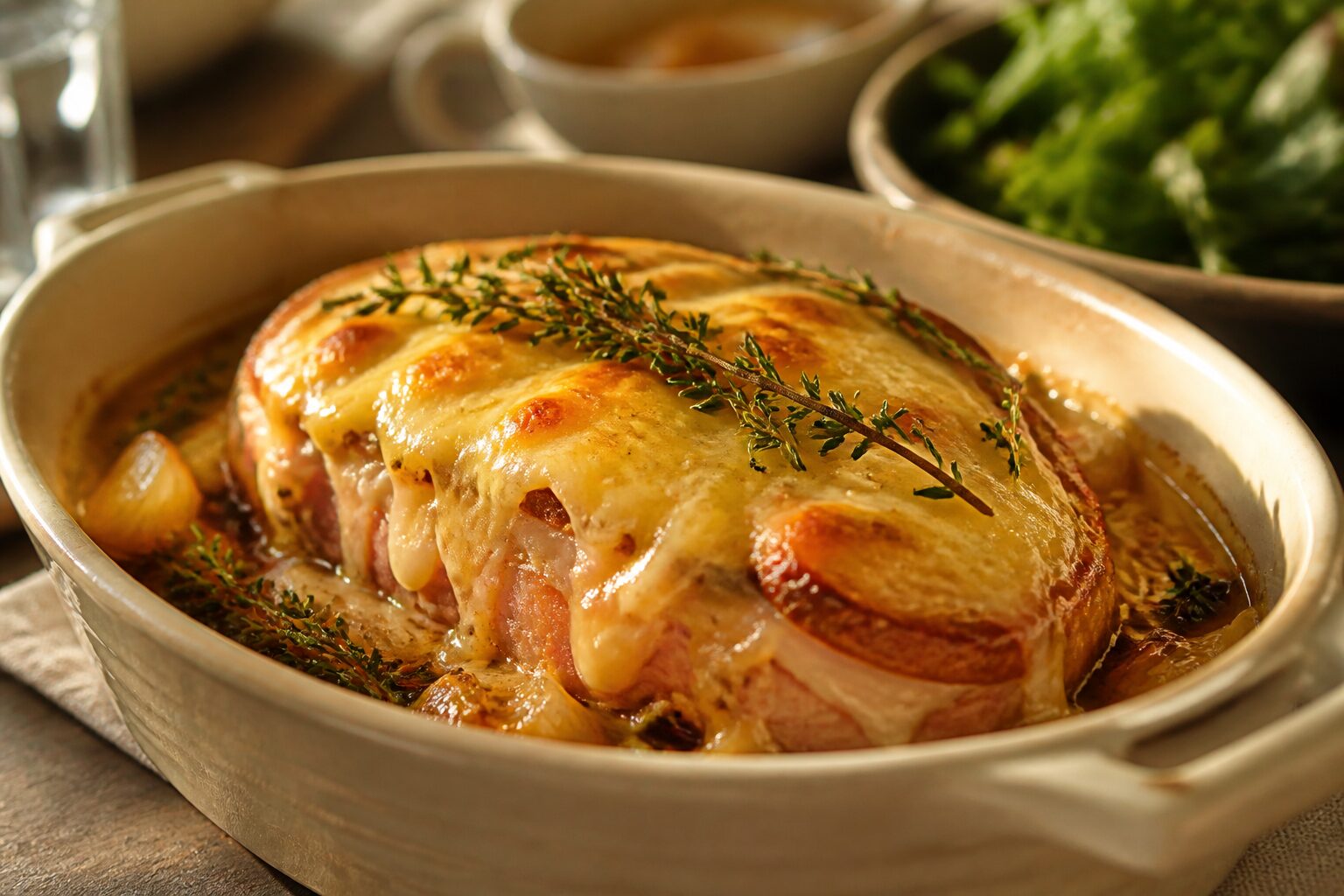 Tranche de rôti orloff déposée dans un plat familial, fromage comté fondu bien visible, herbes de Provence