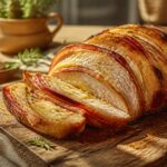 Rôti orloff tranché sur une planche en bois, fromage fondu et lard doré entre les tranches