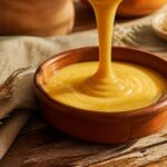 Sauce fromagère onctueuse versée dans un bol terracotta
