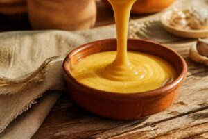 Sauce fromagère onctueuse versée dans un bol terracotta
