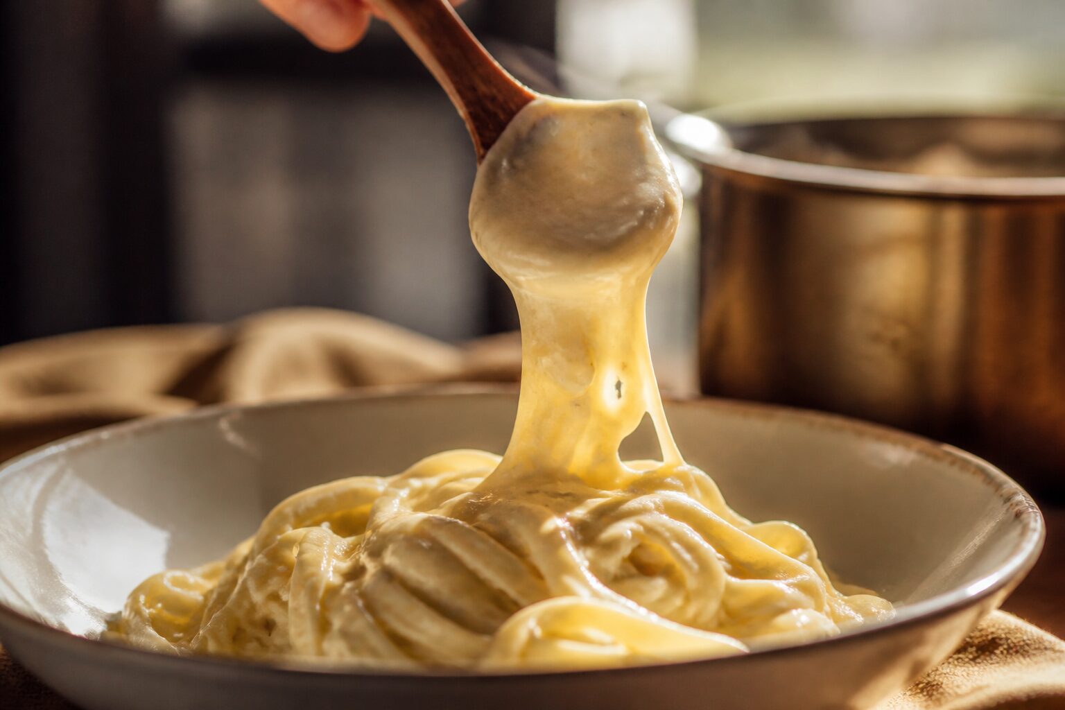Sauce versée sur des pâtes, texture filante et crémeuse