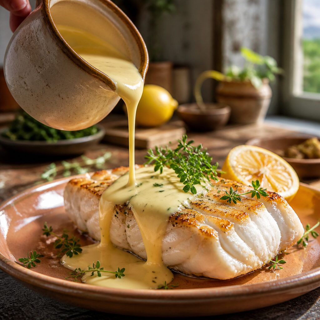 Sauce poisson crémeuse aux herbes de Provence nappée sur un filet de poisson blanc grillé dans une assiette en céramique chaude