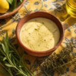 Sauce poisson crémeuse aux herbes de Provence dans un bol en terracotta rustique sur une nappe provençale, brins de thym frais