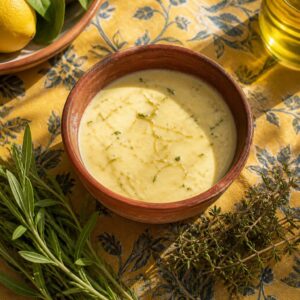 Sauce poisson crémeuse aux herbes de Provence dans un bol en terracotta rustique sur une nappe provençale, brins de thym frais