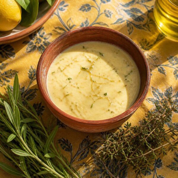 Sauce poisson crémeuse aux herbes de Provence dans un bol en terracotta rustique sur une nappe provençale, brins de thym frais