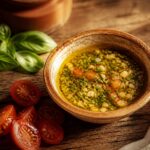 Sauce vierge provençale dans un bol en terre cuite avec tomates et basilic