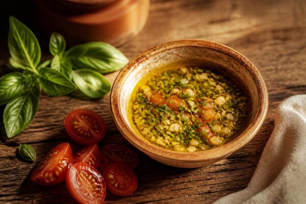 Sauce vierge provençale dans un bol en terre cuite avec tomates et basilic