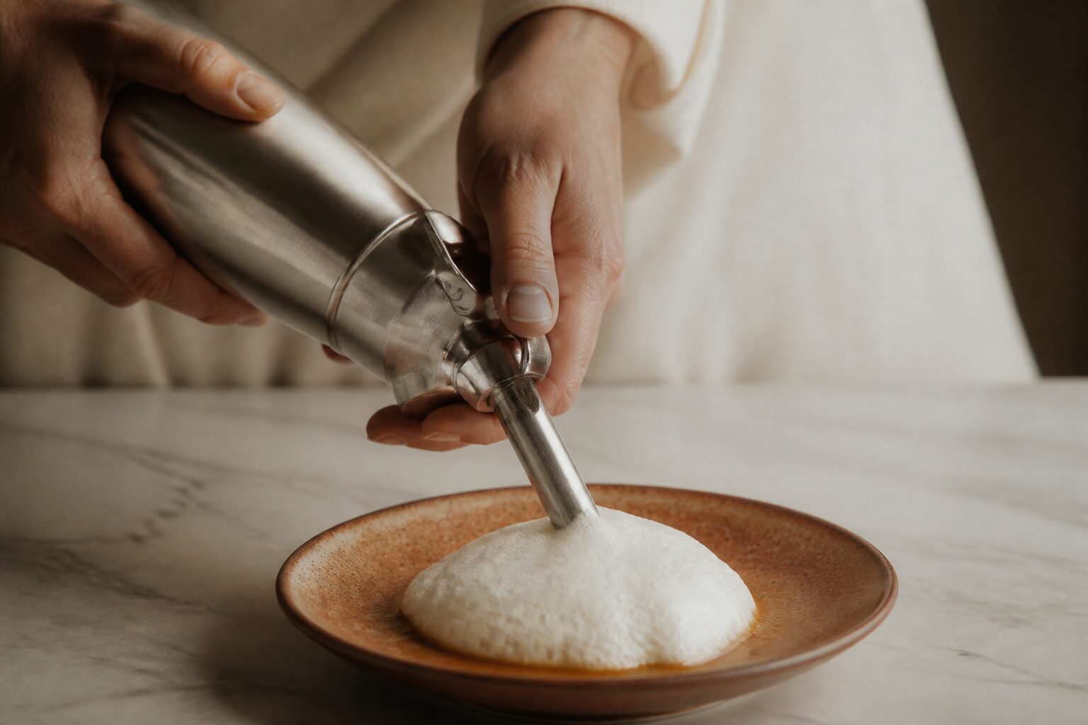 Siphon en action avec une espuma chaude de légumes du Sud, cuisine provençale en arrière-plan