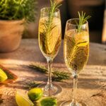 Deux flûtes de soupe champenoise dorée avec citron vert et romarin sur table provençale