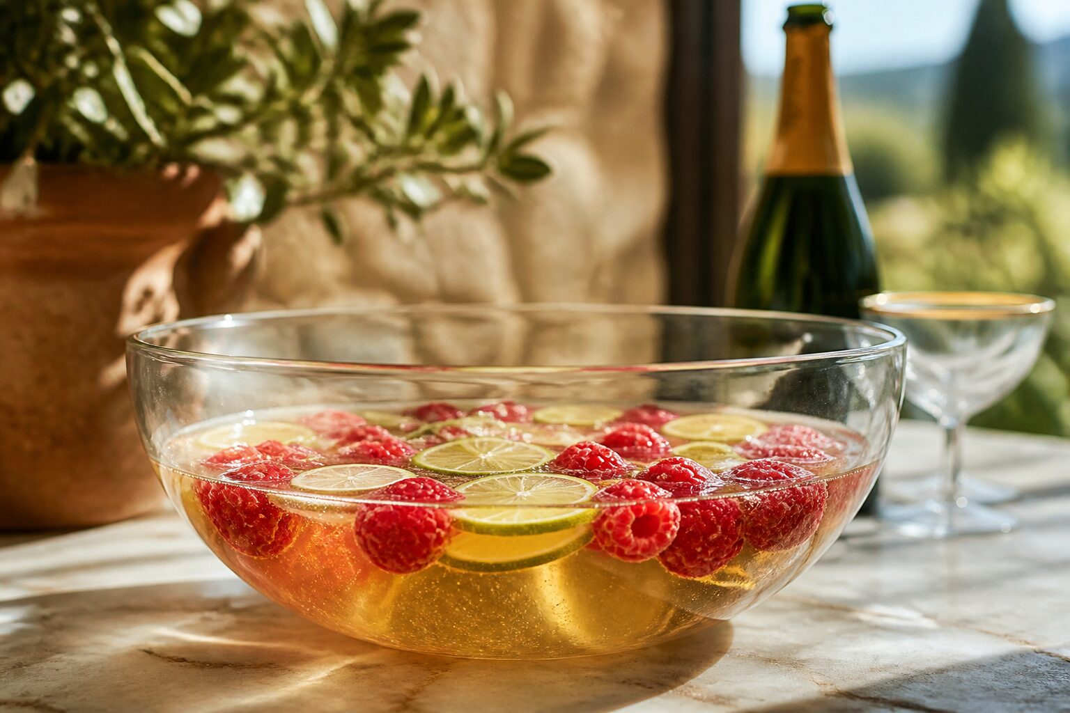 Saladier de soupe champenoise framboise avec citron vert et framboises fraîches