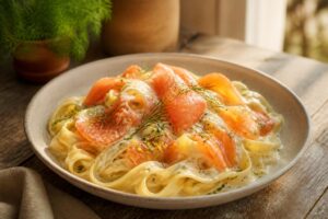 Assiette de tagliatelles au saumon fumé sauce crémeuse citron herbes