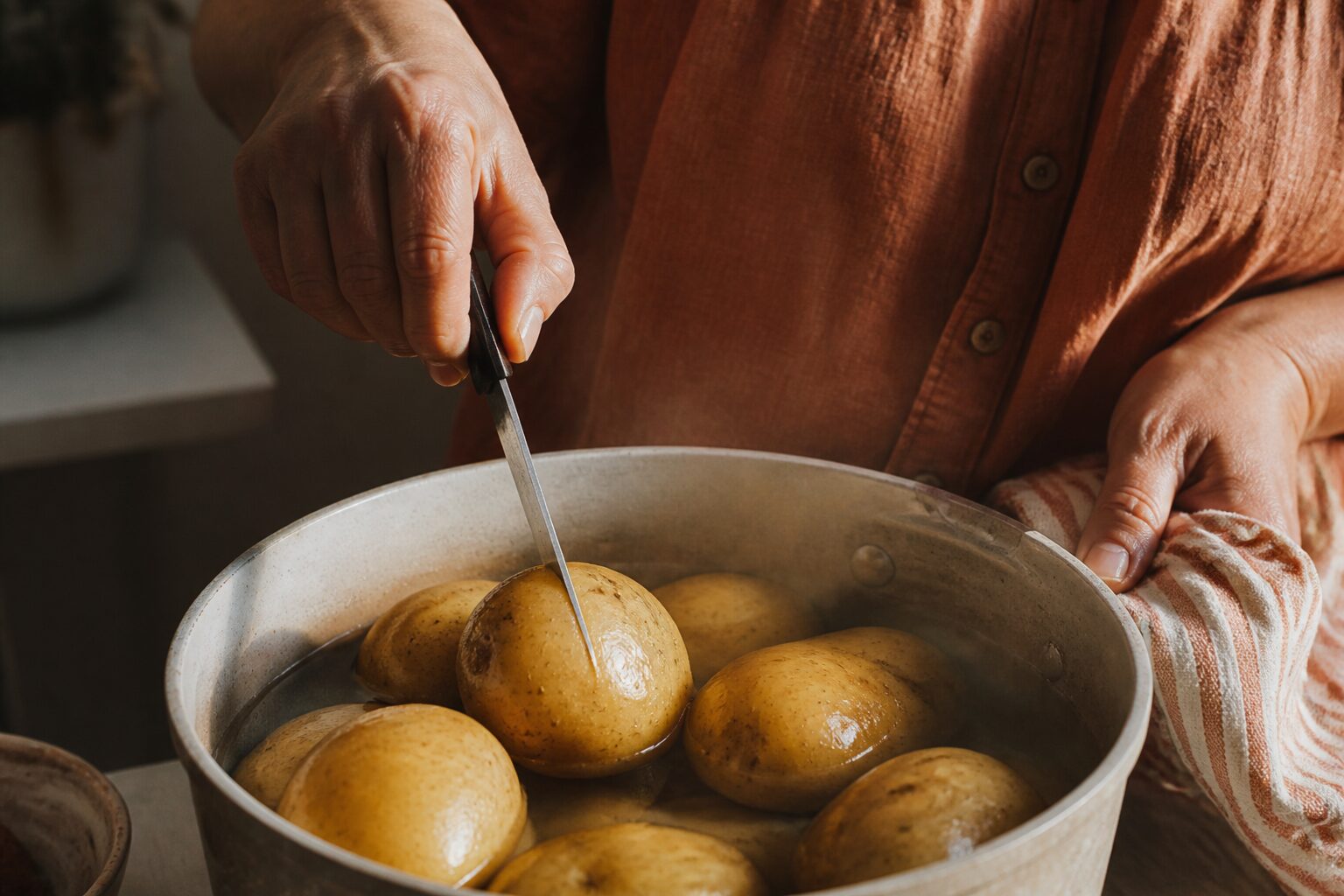 Cuisson pomme de terre casserole avec test du couteau