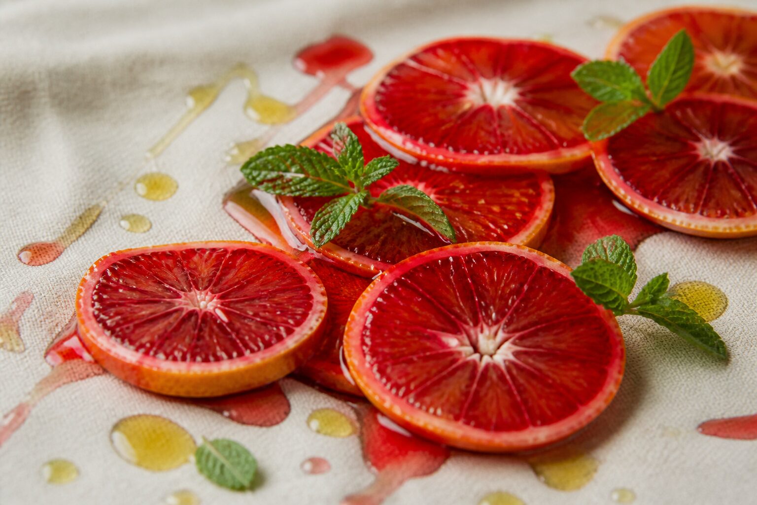 Coupe d'oranges sanguines en tranches fines sur fond de lin blanc, jus rouge profond