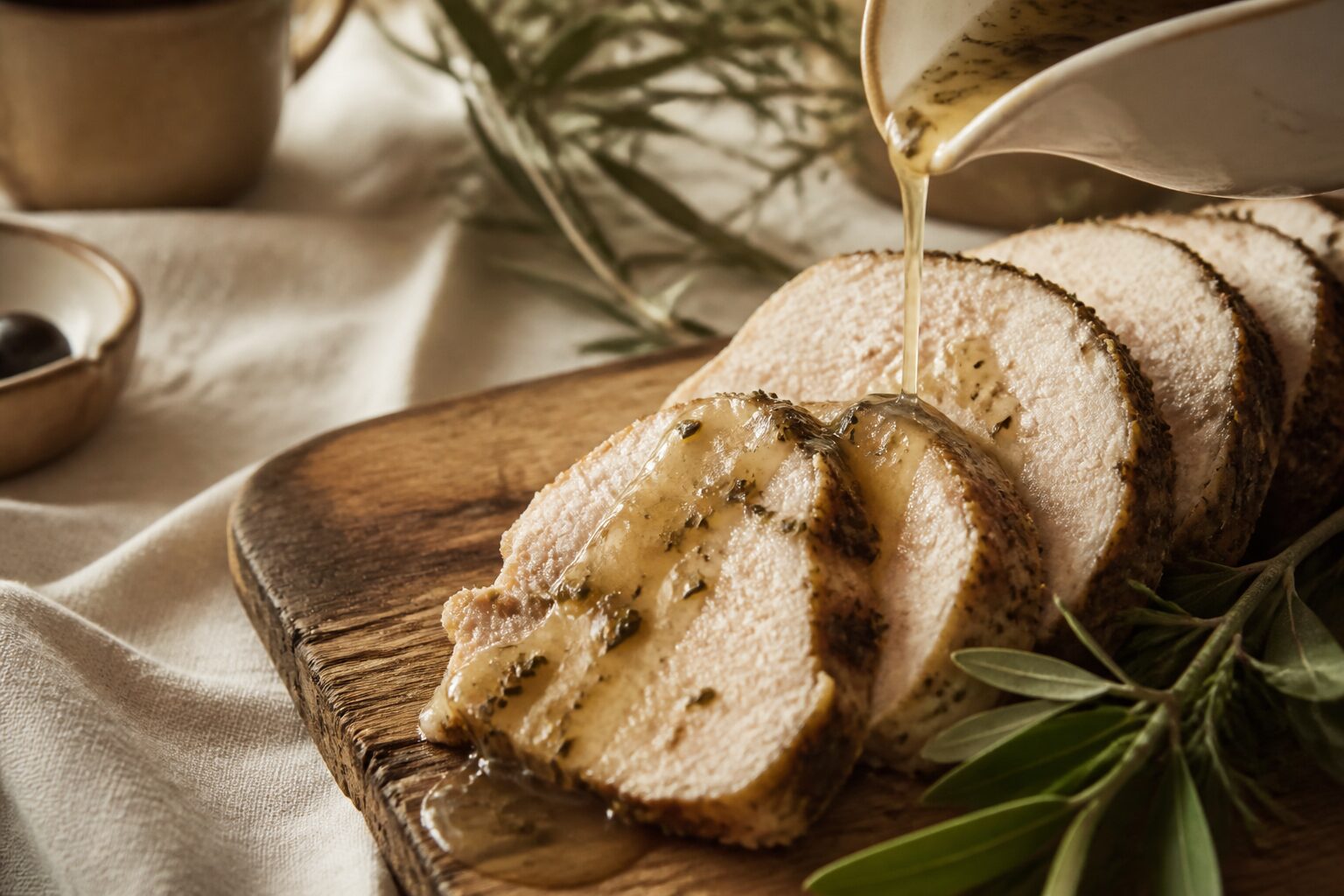 Tranches de rôti de dinde au four moelleux sur planche en bois, jus de cuisson aux herbes de Provence