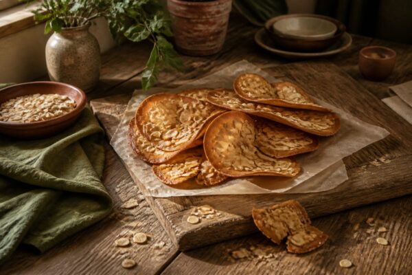 Tuiles aux amandes dorées disposées sur un plan de travail en bois