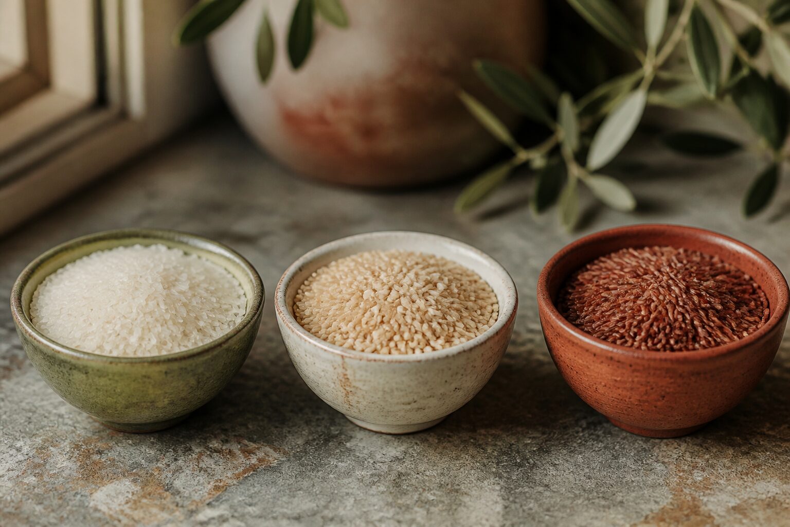 Variétés de riz dans des bols en terre cuite