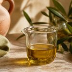 Verre doseur d'huile d'olive sur plan de travail en pierre naturelle, ambiance méditerranéenne