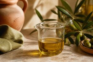 Verre doseur d'huile d'olive sur plan de travail en pierre naturelle, ambiance méditerranéenne