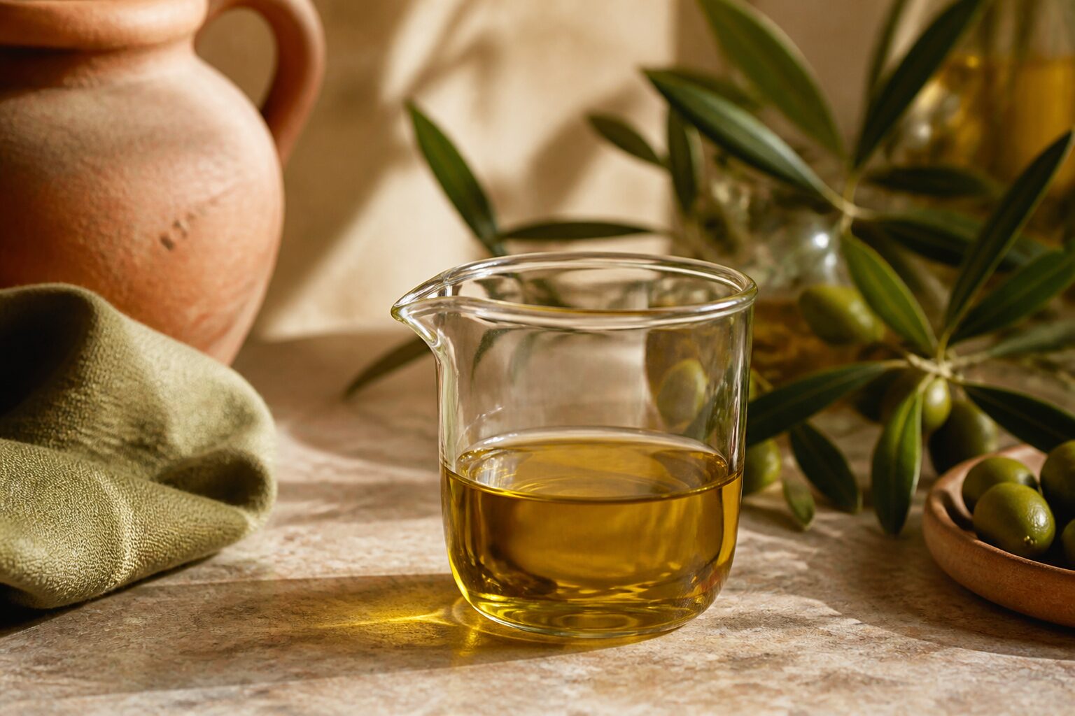 Verre doseur d'huile d'olive sur plan de travail en pierre naturelle, ambiance méditerranéenne