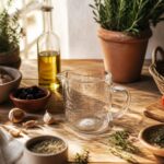 Verre doseur transparent entouré d'ingrédients provençaux sur un plan de travail en bois clair