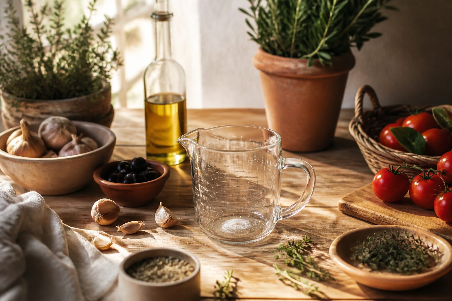 Verre doseur transparent entouré d'ingrédients provençaux sur un plan de travail en bois clair