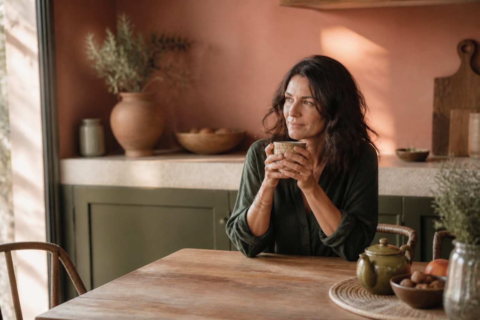 Femme sereine tenant une tasse de tisane dans une cuisine méditerranéenne lumineuse, symbole d'attention portée à son corps