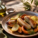Boudin blanc poêlé accompagné de légumes du Sud et d'un filet d'huile d'olive