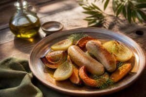 Boudin blanc poêlé accompagné de légumes du Sud et d'un filet d'huile d'olive