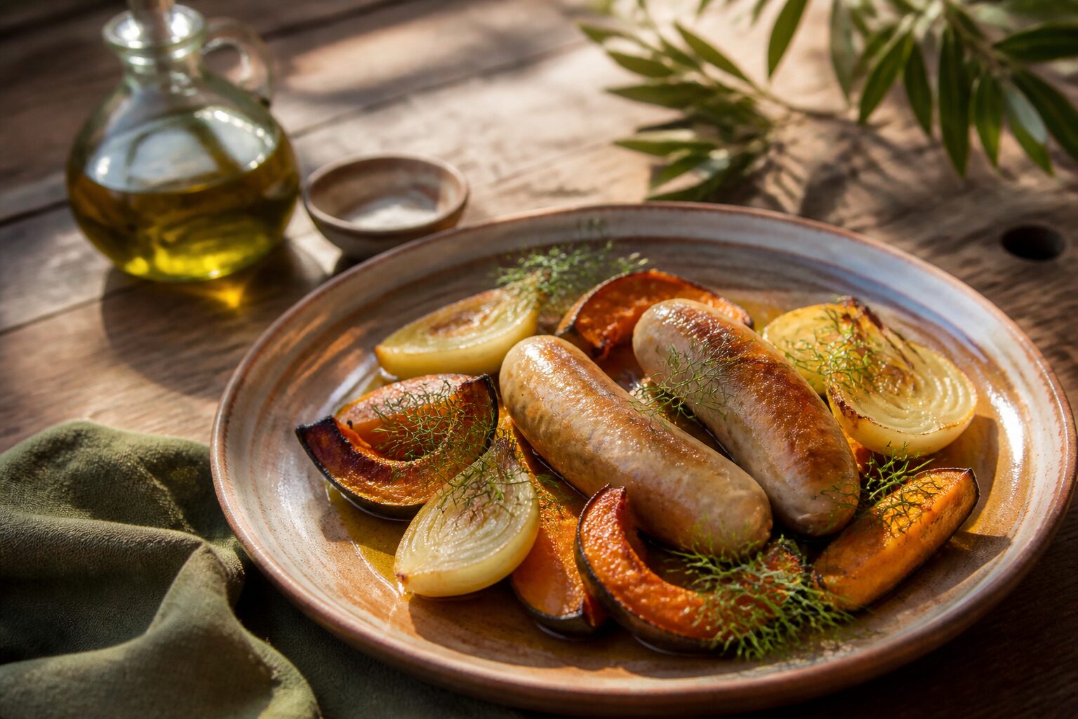 Boudin blanc poêlé accompagné de légumes du Sud et d'un filet d'huile d'olive