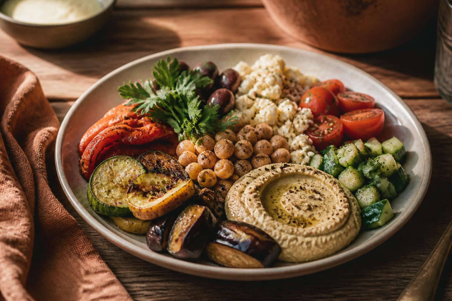 Assiette méditerranéenne avec légumes colorés et huile d'olive, symbole d'une alimentation qui ménage le foie