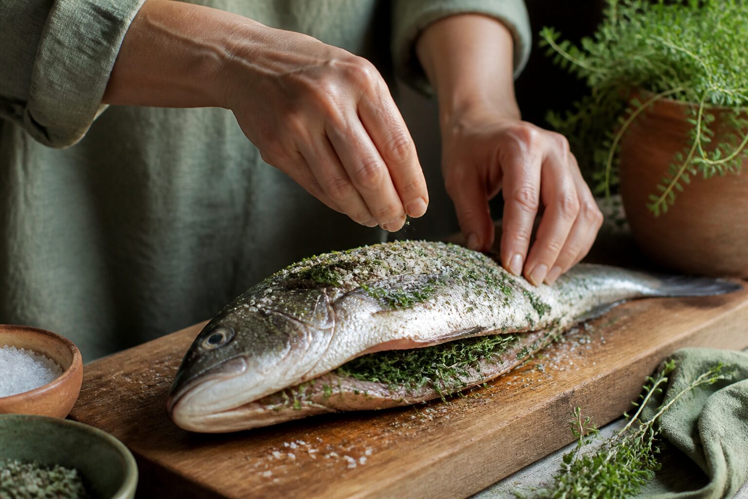 Assaisonnement d'un poisson entier avec du sel et des herbes avant cuisson