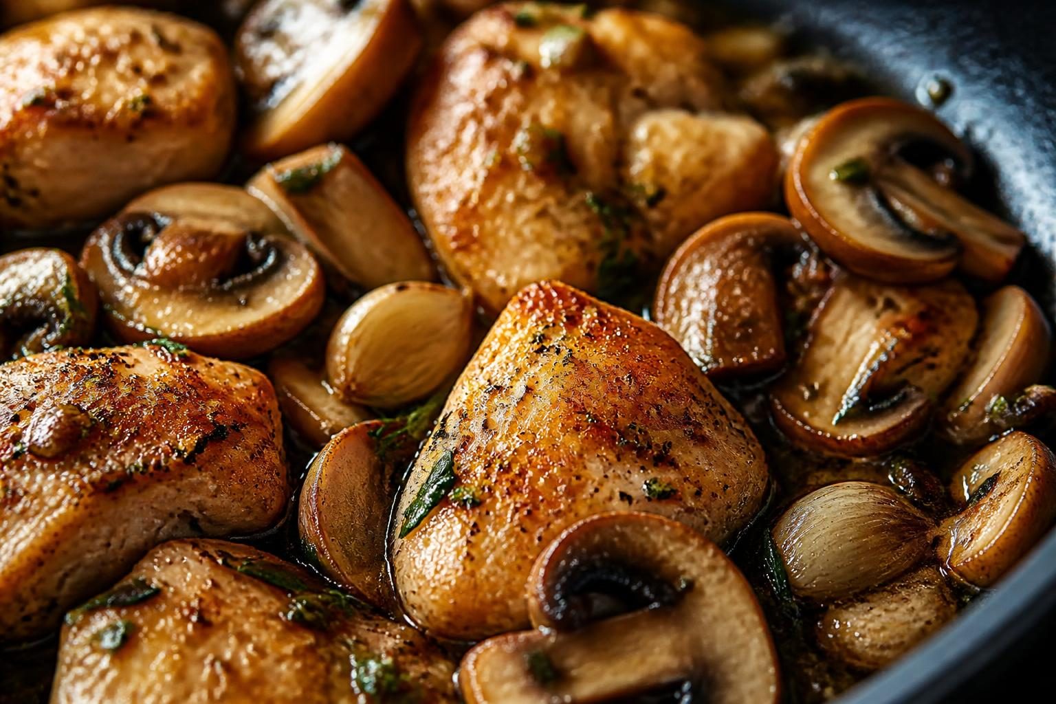 Blanc de poulet à la crème saisi en poêle avec champignons de Paris et ail