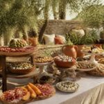 Buffet froid dressé en extérieur avec charcuteries, salades et fromages