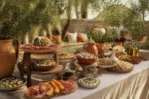 Buffet froid dressé en extérieur avec charcuteries, salades et fromages
