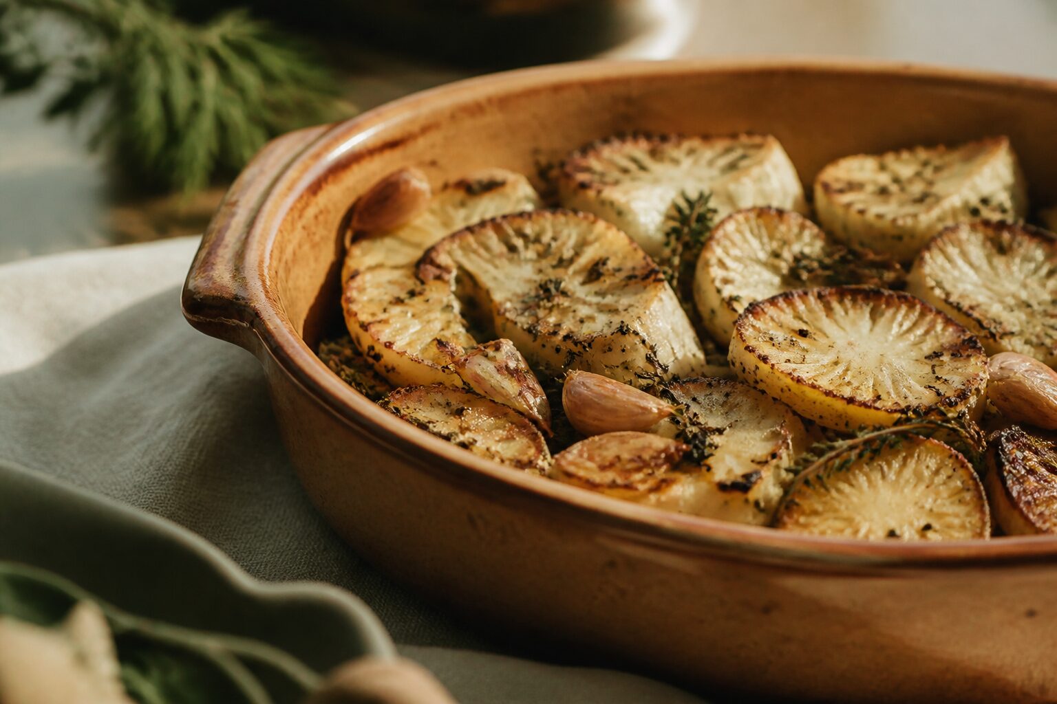 Céleri rave au four dans un plat en terre cuite avec herbes de Provence et ail rôti