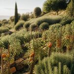 Rangées de tomates et herbes de Provence dans un potager méditerranéen en terrasses