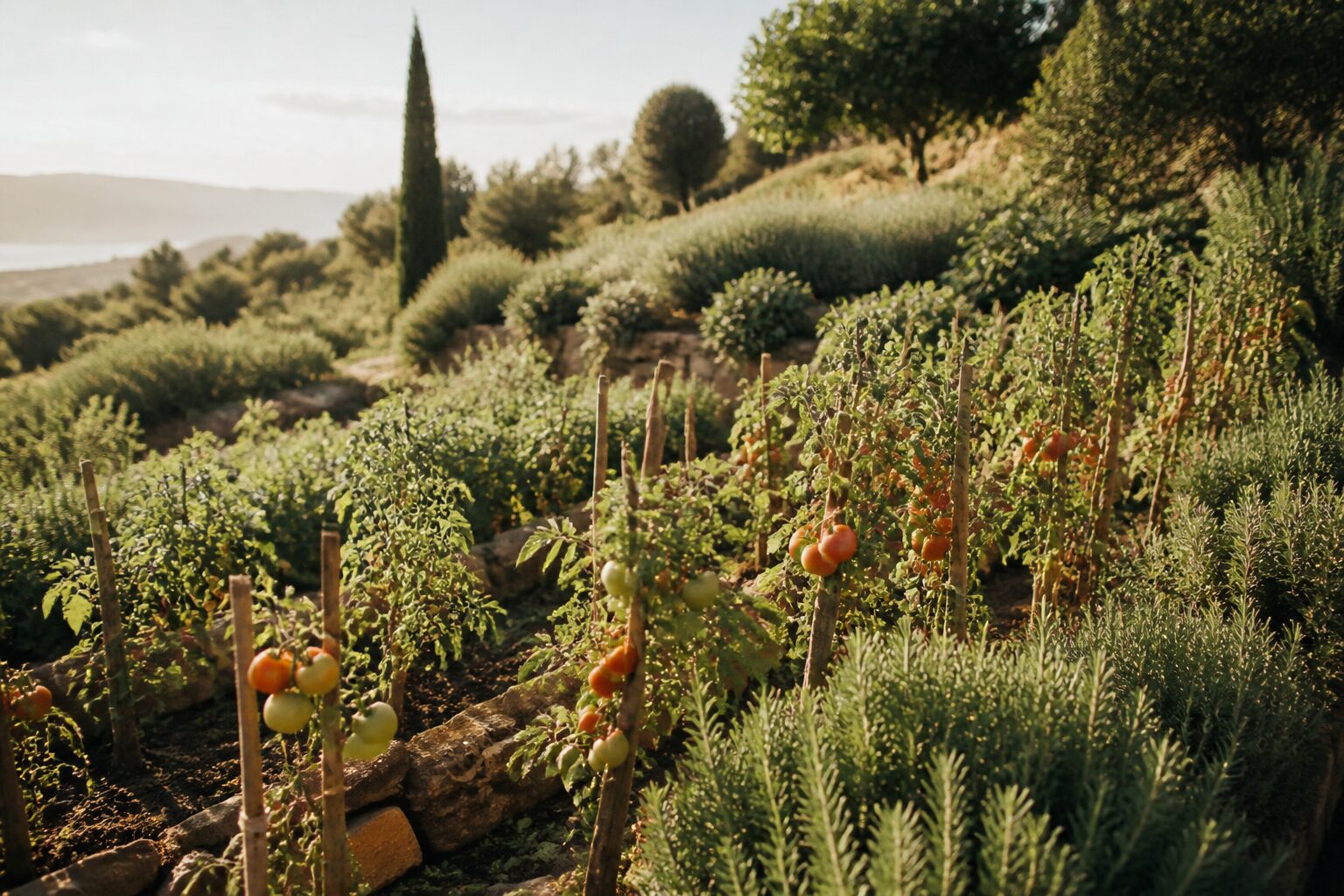 Rangées de tomates et herbes de Provence dans un potager méditerranéen en terrasses