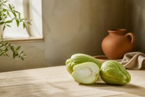Chayote entière et coupée en deux sur une table en bois clair, lumière naturelle chaude