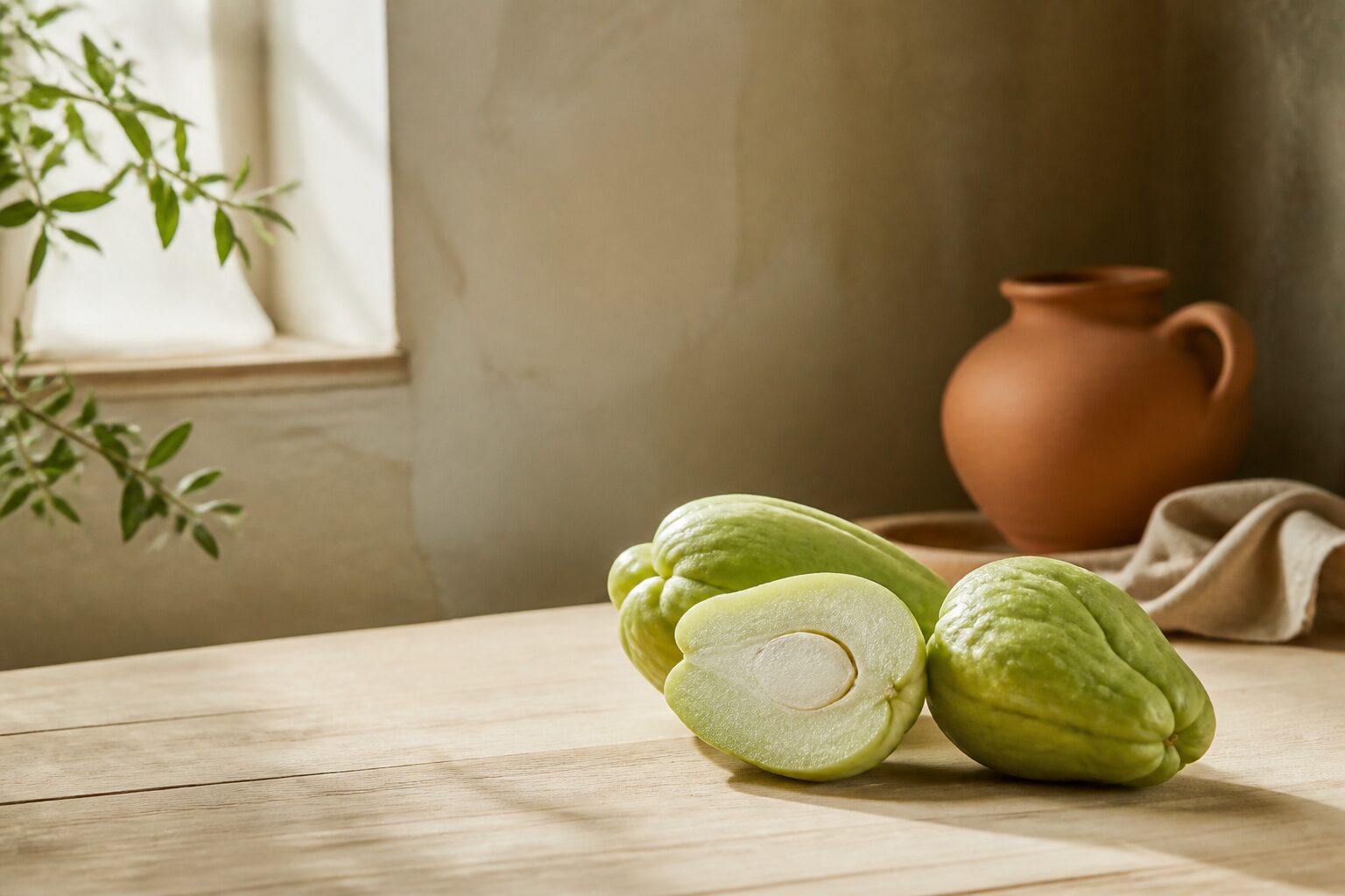 Chayote entière et coupée en deux sur une table en bois clair, lumière naturelle chaude