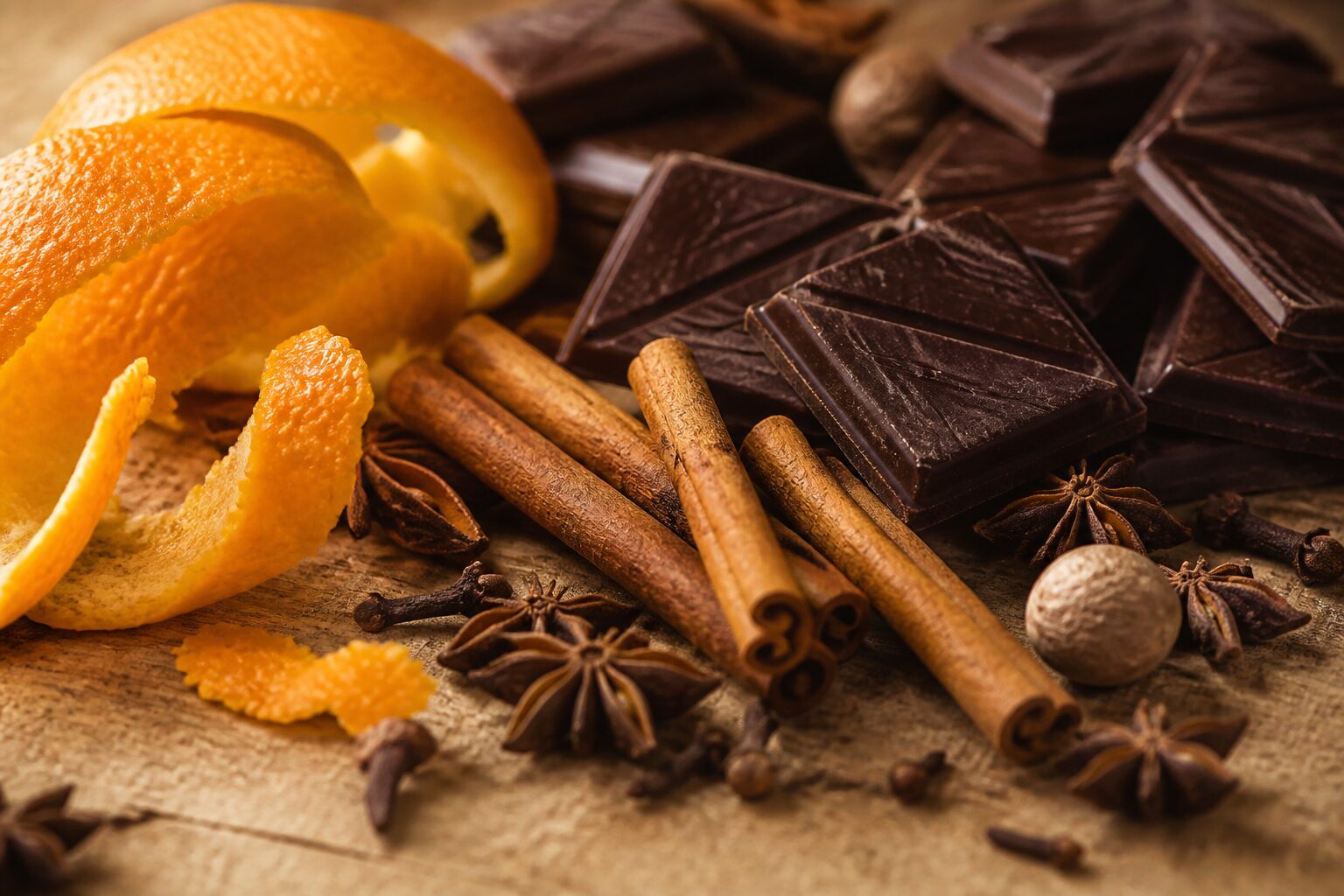 chocolat noir épices et zeste d'orange pour un gâteau de Noël