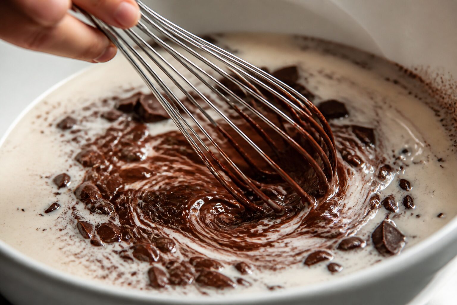 Chocolat noir haché fondant dans une crème chaude, mélangé au fouet